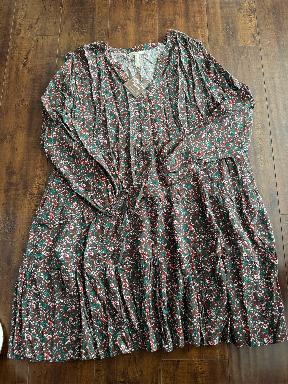 Matilda Jane Green Multi Floral Tiered Long Sleeve Dress